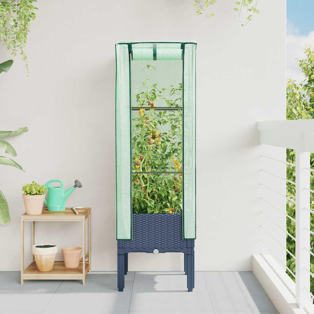 Bancal alto con accesorio de invernadero, 40 x 40 x 140 cm, aspecto de ratán, macetero de tubo de hierro y polipropileno para balcón, jardín, jardinera urbana, ahorra espacio