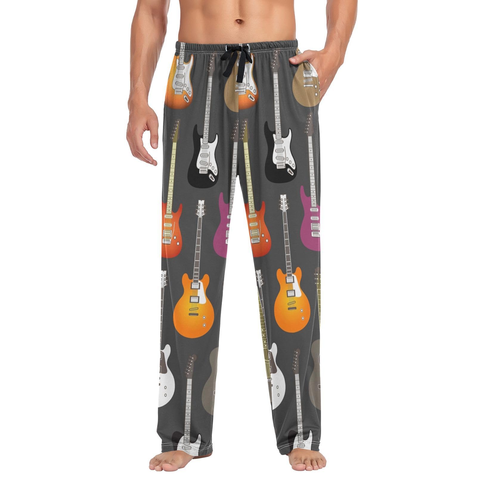 Linomo Mens Pyjama Bottoms Musical Instruments Music Guitar Violin Pyjamas Loungewear 100% Cotton Pyjama Trouser Nightwear PJs Pants for Men Boys