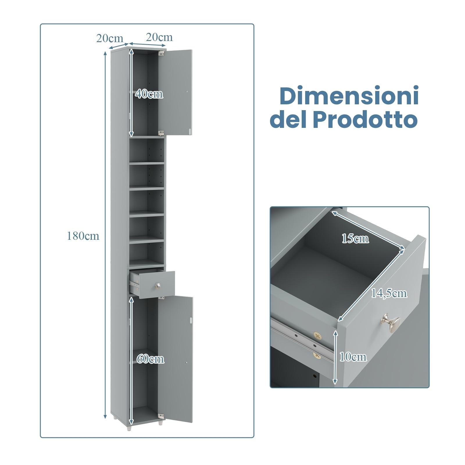 LIFEZEAL Mobile Bagno Salvaspazio, Colonna Bagno Alto, Stretto, 20x20x180cm, Salvasapzio, Moderno, Armadio, Mobiletto, con Antiribaltamento, 2 Ante, Ripiani Regolabili, Cassetto, Legno (grigio)
