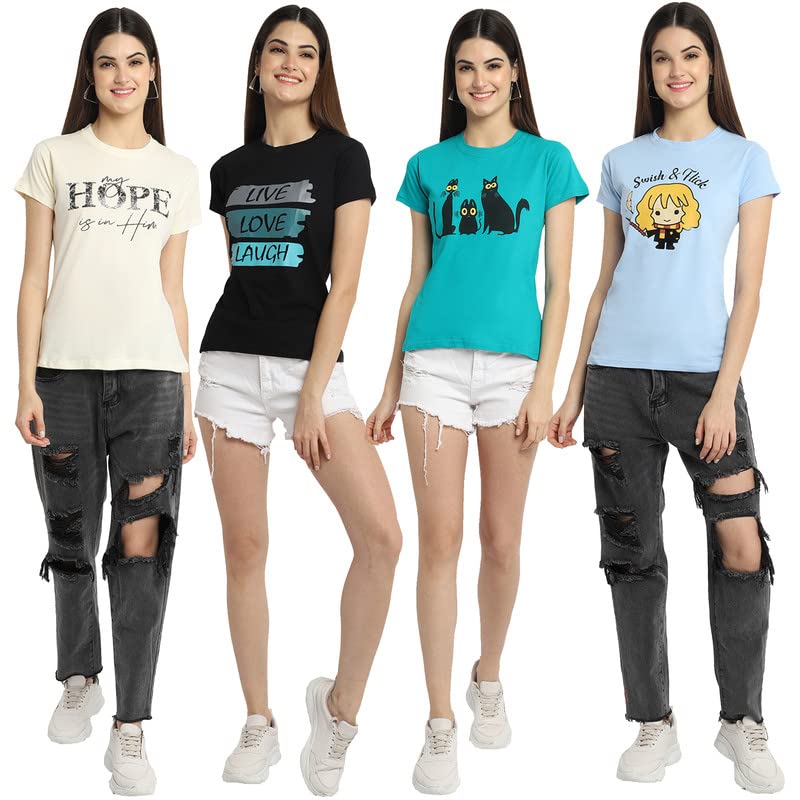 Image of Preneum Women's Cotton Regular Fit Graphic Stylish Printed Short Sleeves Casual T-Shirt |Trend & Styles