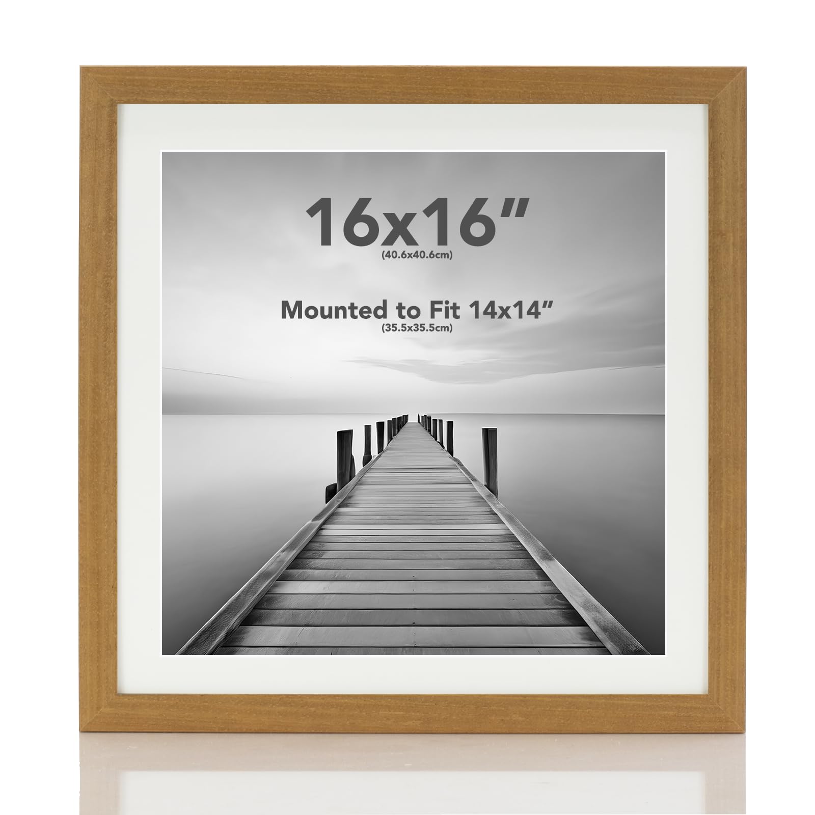Boldon Framing - Square Thin Oak Wood Picture Frame, 16x16 With White Mount to fit 14x14 Picture Wall Mount Photo Display