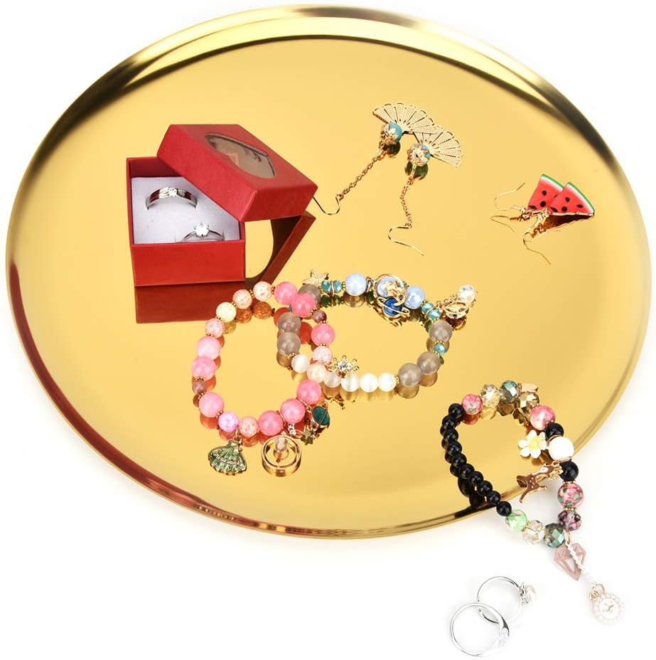 2 pcs Round Golden Serving Tray, Stainless Steel Serving Tray Plate, Tray Storage Tray Dish Plate Fruit Trays Rings Bracelets Earrings Trays for Tea Set Fruits Candies Food