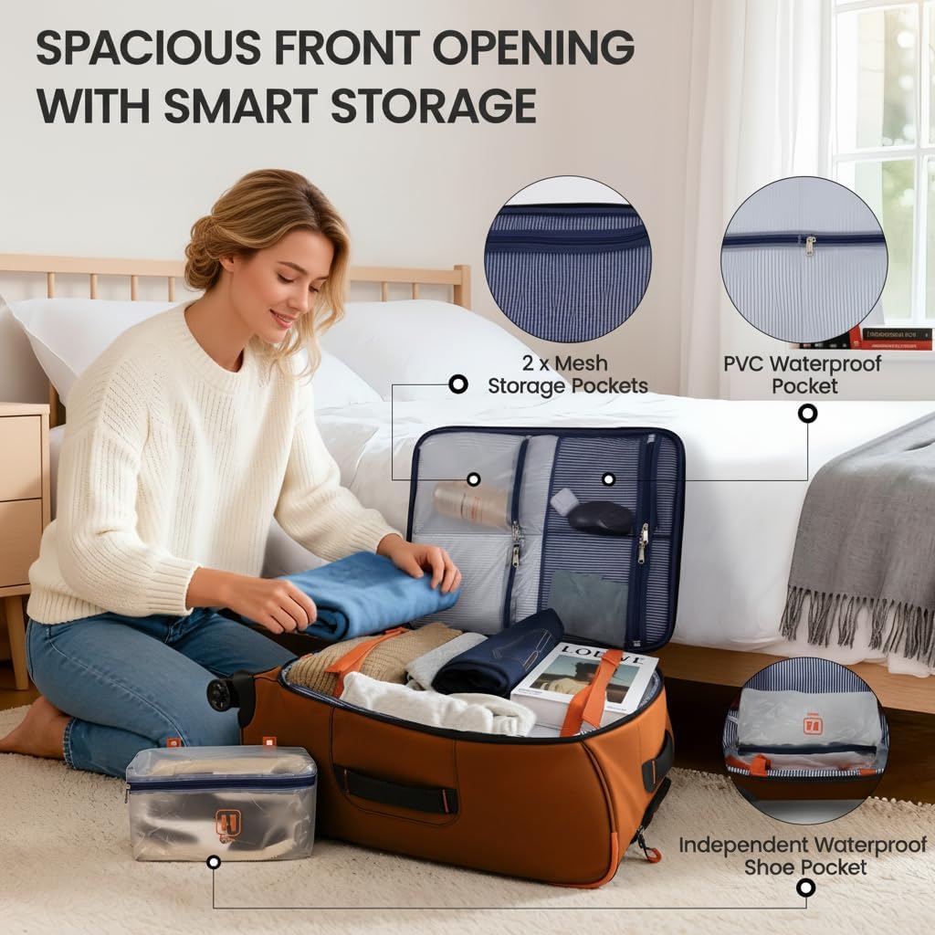 2-Piece Set（22in/26in） Front Opening,Softside Luggage Sets w/Double Spinner Wheels Suitcase,Waterproof,Lightweight Travel Luggage Rolling Suitcase（Orange,22in/26in）