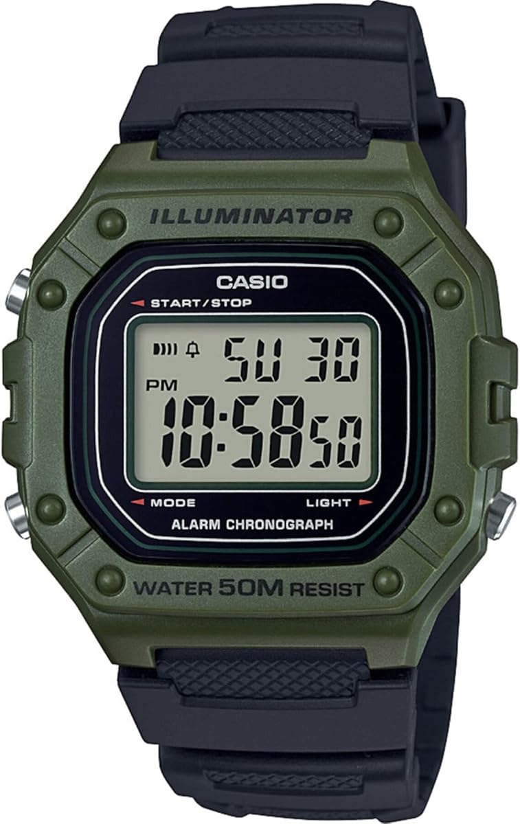 Serie W218H | Reloj digital para hombre | 50M marca | Cronómetro de 1/100 segundos | Cronógrafo de 100 segundos | Retroiluminación LED | Temporizador de cuenta regresiva | Alarma diaria | Señal horaria | Batería de 7 años