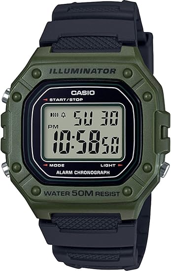 Casio W-218H-3AVCF Montre à quartz classique à affichage numérique pour homme Noir, Noir/vert, 43 mm, Décontracté.
