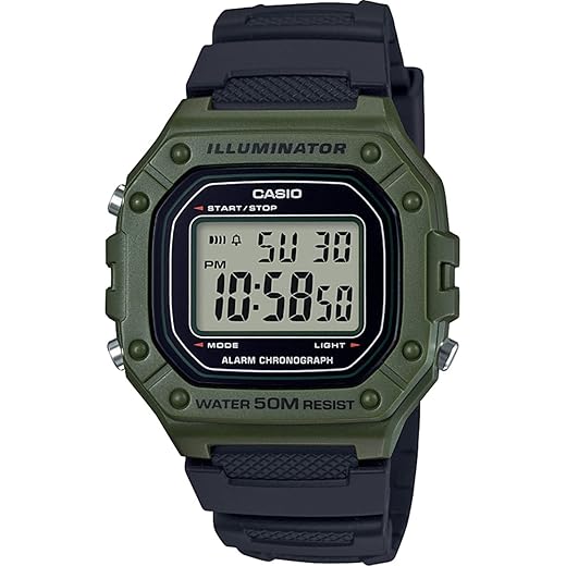 Casio Série W218H | Relógio digital masculino | 50M WR | Cronômetro de 1/100 segundo | Cronógrafo de 100 SEC | Retroiluminação LED | Temporizador de contagem regressiva | Alarme diário | Sinal de hora