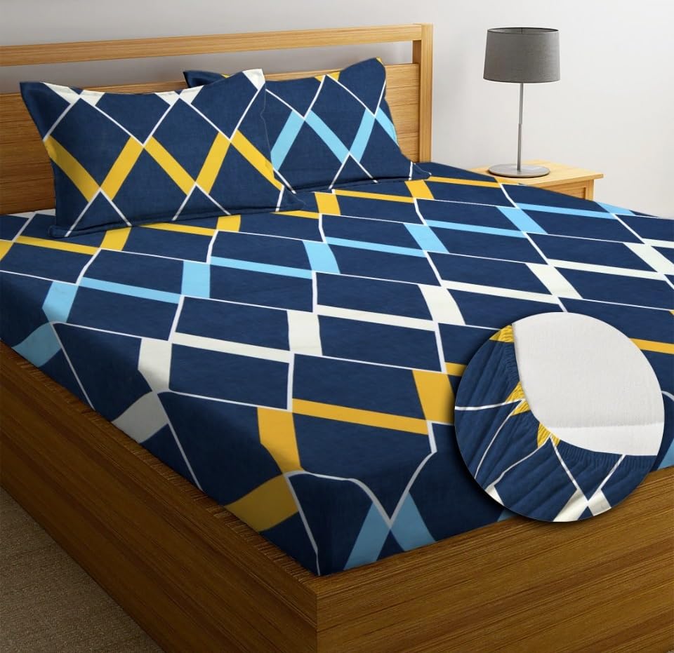 Image of Jashan Elastic King Size Fitted bedsheets with 2 Pillow Cover | King Size bedsheets | 100% Glace Cotton | Fitted bedsheet Cotton King 72 inch x 78 inch inches (Double Elastic Bedsheet, Multi-10)
