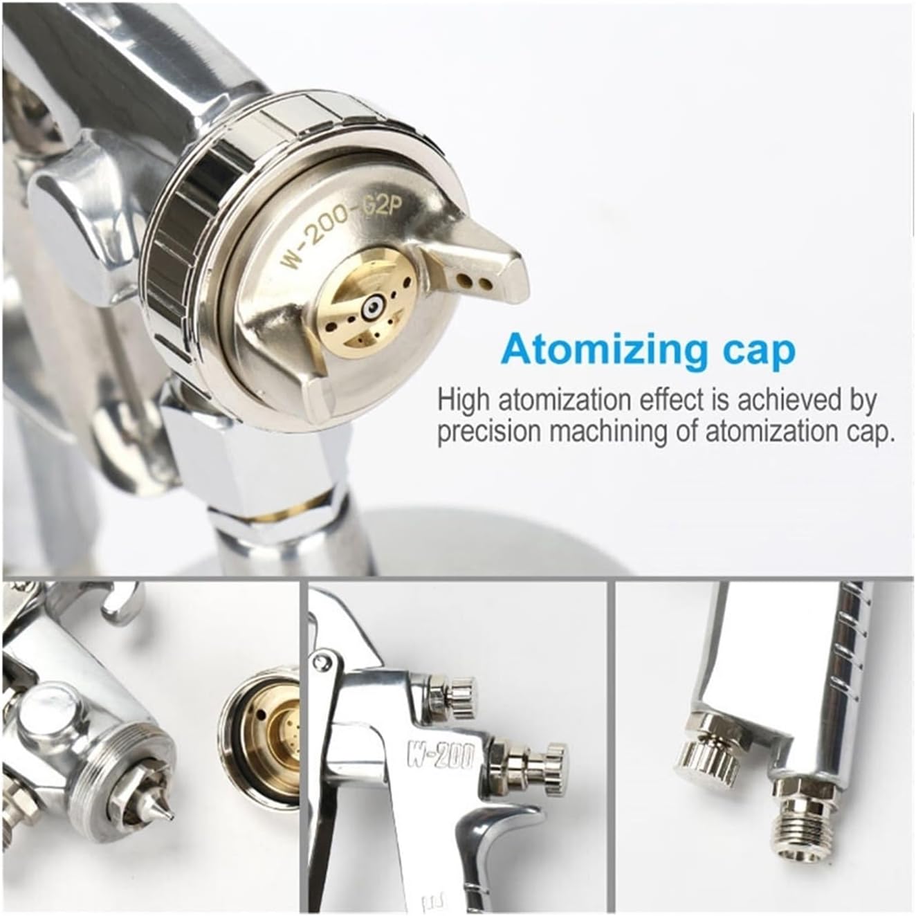 Close-up view of the atomizing cap on the W-200-122P spray gun, highlighting its precision machining.
