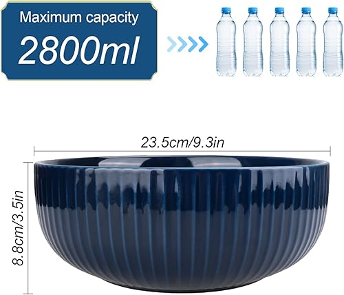 Miniatura 3 de Ensaladera extra grande, cuenco de frutas de cerámica de 94.7 fl oz, elegante cuenco de sopa redondo de rayas verticales azul marino, cuenco para