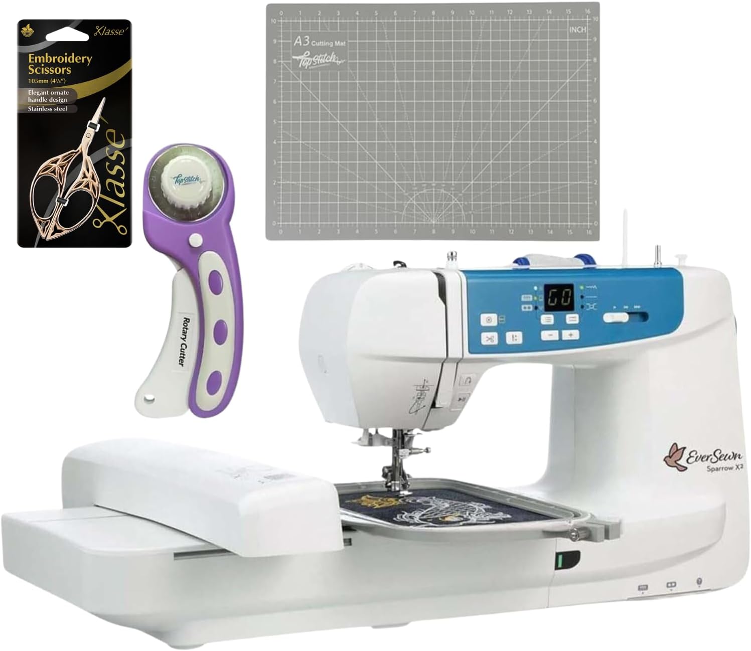 EverSewn Sparrow X2 Sewing & Embroidery Machine Bundle with Scissors, Rotary Cutter, Cutting Mat, and Over 120 Stitch Patterns & 100+ Embroidery Designs