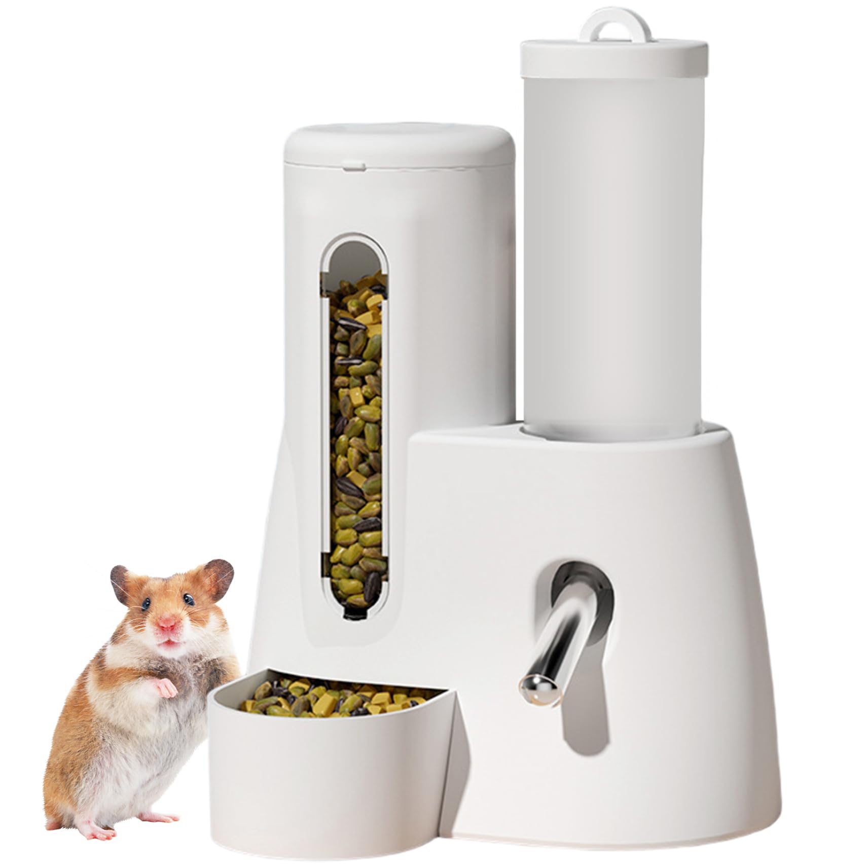 Otbushit 2-in-1 Hamster Water Bottle & Food Dispenser 125ml Leakproof Automatic Guinea Pig Water Bottle with Stable Base Detachable Washable Food Bowl