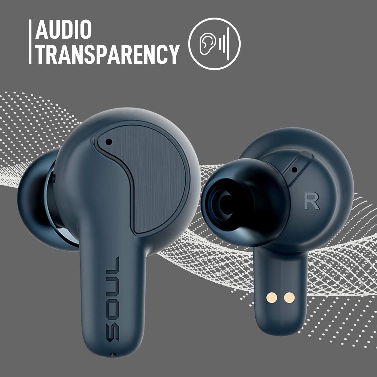 SOUL New SYNC ANC Wireless Earbuds - Active Noise Cancelling Bluetooth Headphones with Water-Resistance, 25 Hours Playtime and Audio Transparency Mode for Safe Listening (Blue)