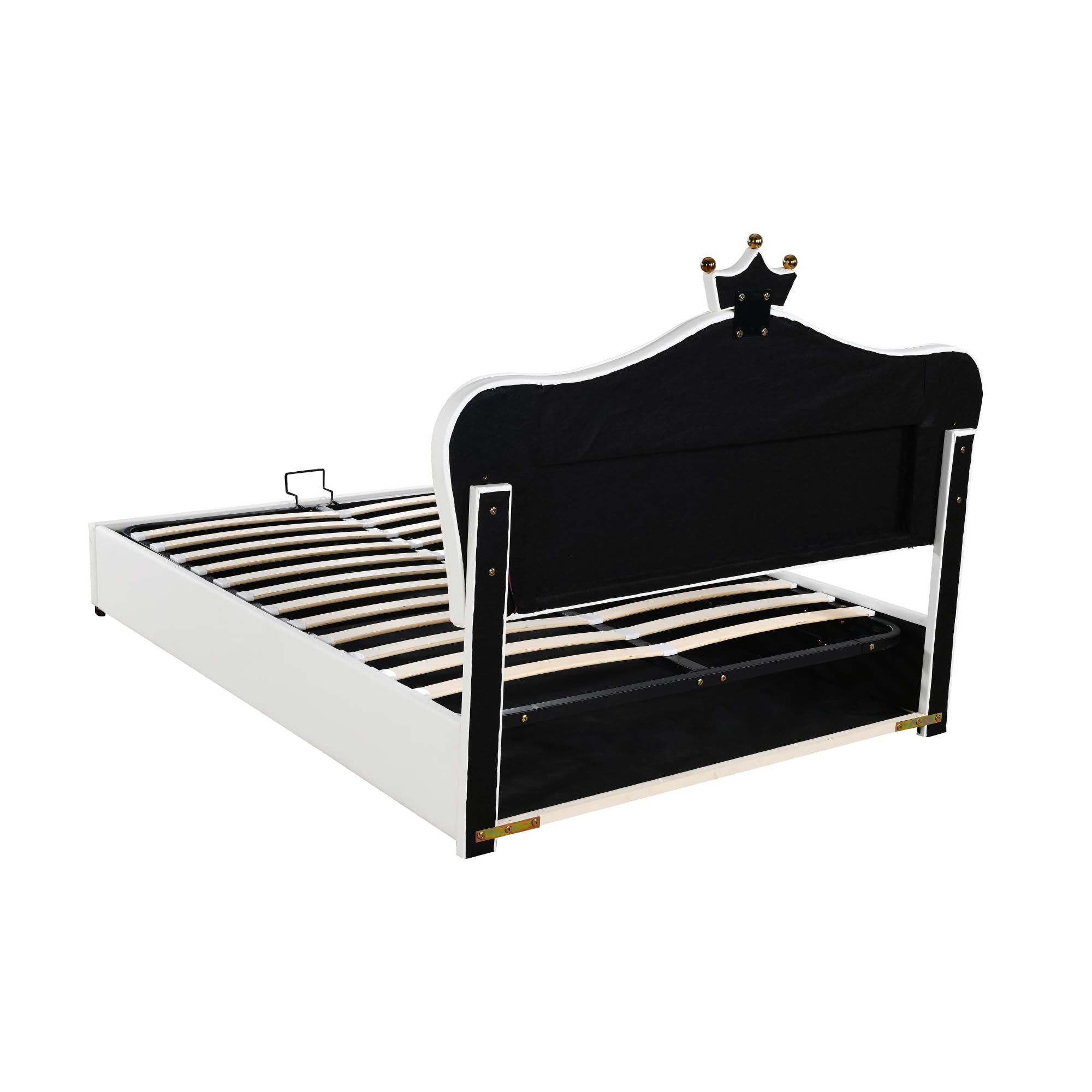 Shye Lettino imbottito per bambini, letto idraulico, struttura singola con corona rosa, in pelle PU con luci, rete a doghe e schienale, 140 x 200 cm (bianco)