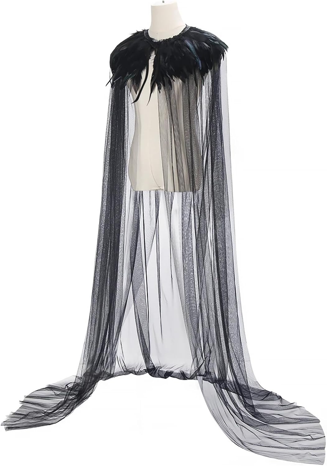 Gothic Long Feather Shrug Cape Halloween Witch Vampire Tulle Cloak Cosplay Costumes Dress up for Women Men