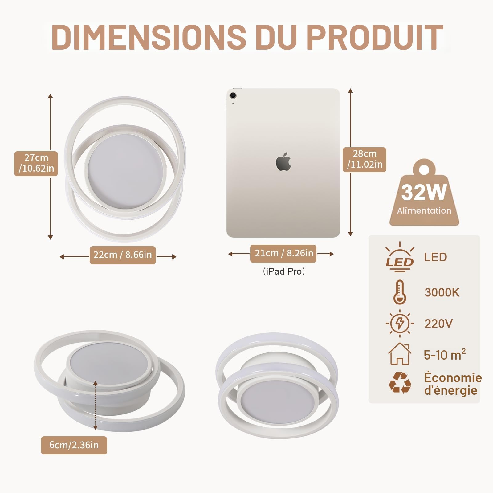 Comely Plafonnier LED Moderne, Luminaire Plafonnier Rond, Blanc Chaud 3000K 32W, Lampe de Plafond pour Chambre à coucher Couloir Cuisine Balcon, Dia 28cm