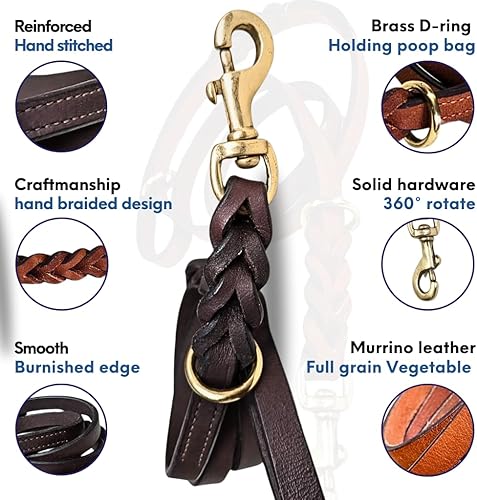 Miniatura 3 de Leatherow Correa para perro  Correas de entrenamiento de cuero resistente, broches de conector de latón macizo y dos anillos (bronceado, 6 pies)
