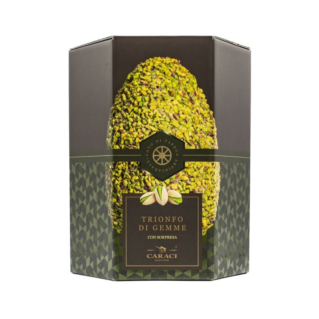 Uovo Di Pasqua al pistacchio con sorpresa all'interno in elagente scatola regalo. Realizzato con pregiato cioccolato senza l'utilizzo di surrogato. Prodotto di qualità