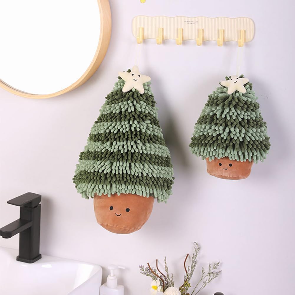 Christmas Tree Hand Towel，Soft Fuzzy Ball Chenille Hand Towel for Bathroom, Absorbent Hand Drying Puff with Hanging Loop, Cute Decorative Hand Towels for Kids and Kitchen (Green, 9.8*7.9*3.9inch)