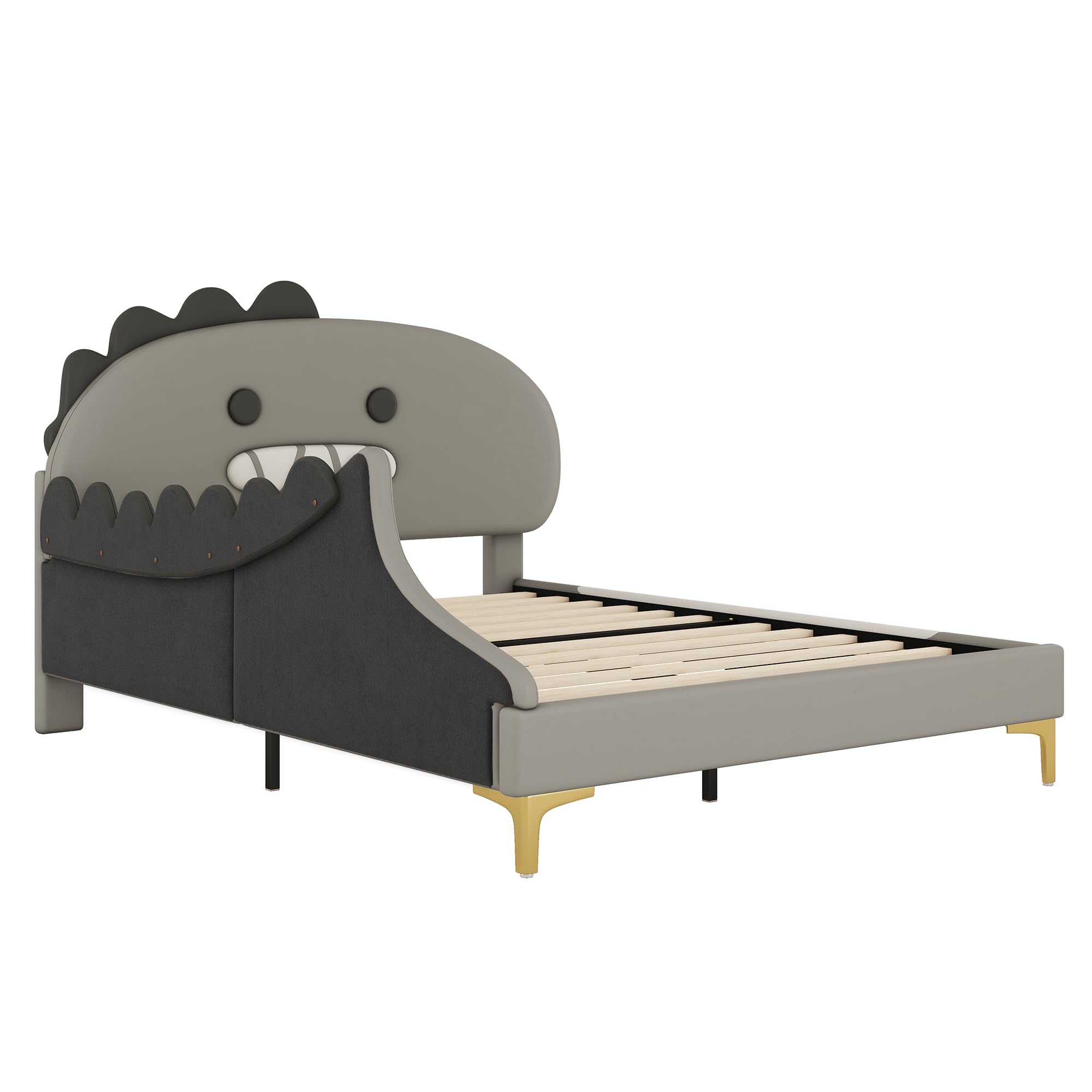 Cama infantil de 140 x 200 cm, diseño de dinosaurio, cama plana, material de poliuretano, color gris