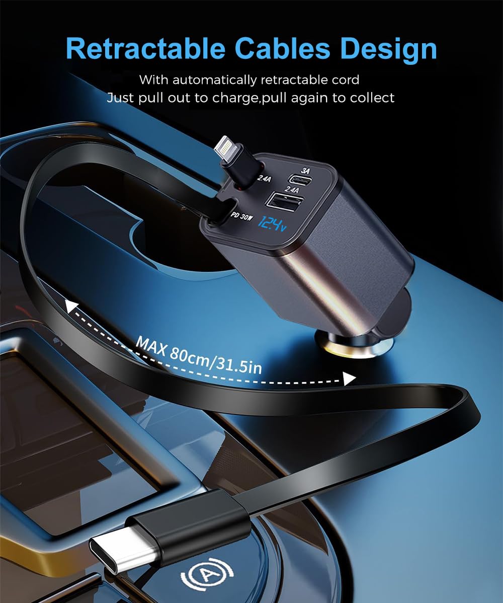 Cargador de coche retráctil 4 en 1, cargadores de coche de carga súper rápida, con 2 cables retráctiles y 2 puertos UBS, adaptador de coche para iPhone 16/15/14/13/12 Series y para Android