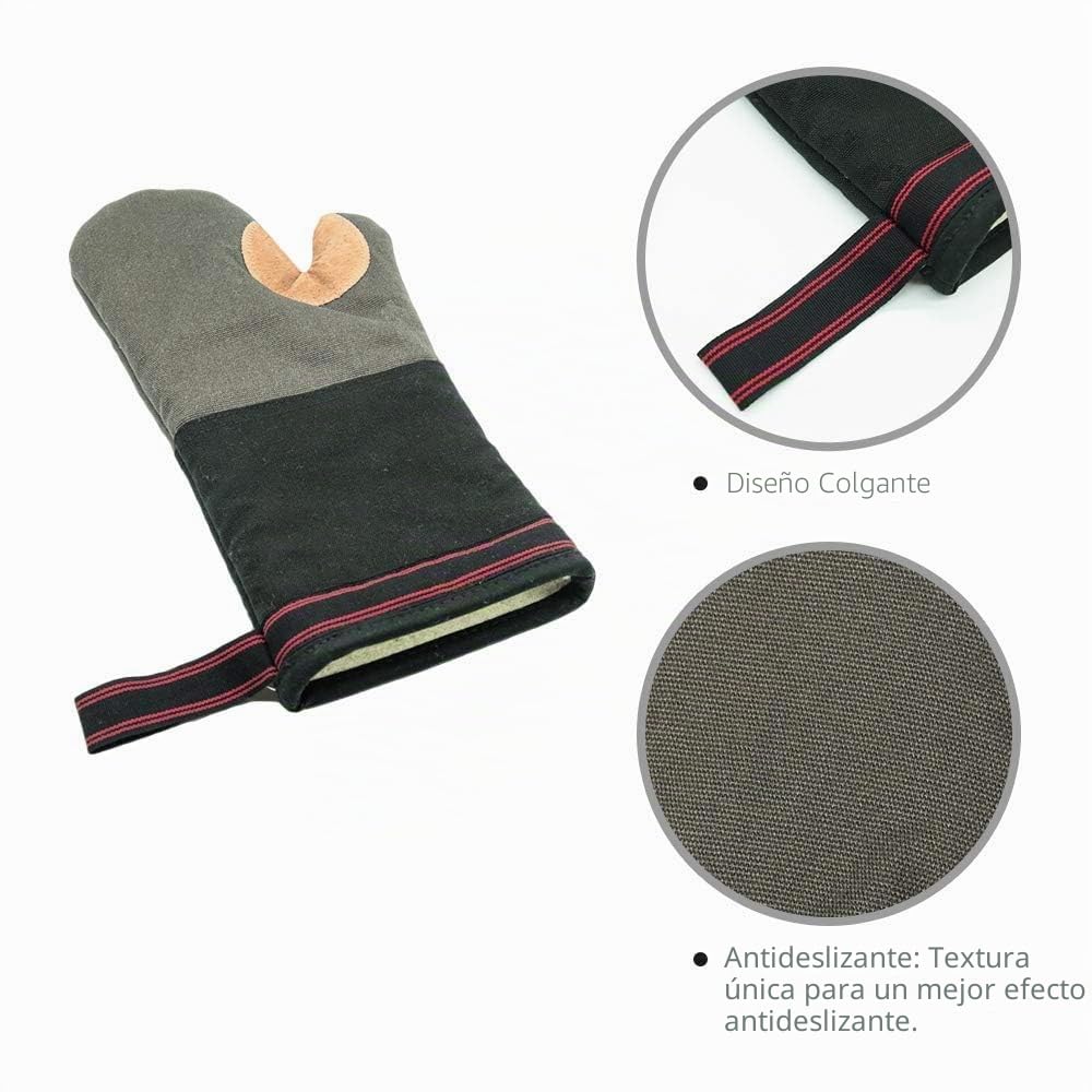 AYADA Guantes Horno Gruesos Largos Grandes, Manoplas Horno Cocina Profesional Antideslizante Lona Fibra de poliéster Cuero Oven Gloves (Gris)