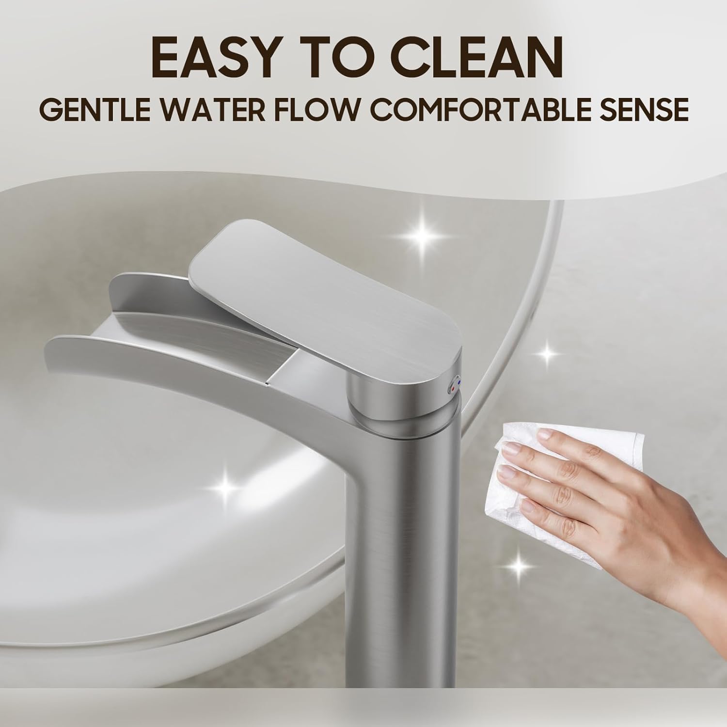 Phiestina Brushed Nickel Tall Bathroom Vessel Sink Faucet, Single Hole Single Handle Waterfall Modern Above Countertop Sink Bathroom Faucet, with Pop Up Drain and Water Supply Line, NS-SF01-BN-V - Image 7