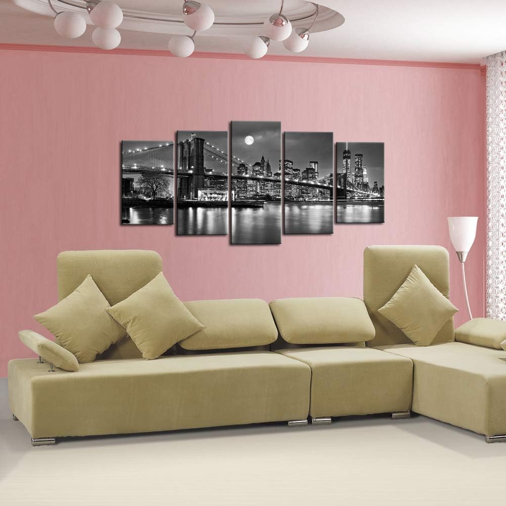 Best Cyber Monday 🔥 Nachic Wall- 5 Piece Brooklyn Bridge Full Moon Canvas Wall Art Black and White New York Night View Poster Giclee Prints Artwork NYC Landscape Photo Paintings Modern Home Office Decor