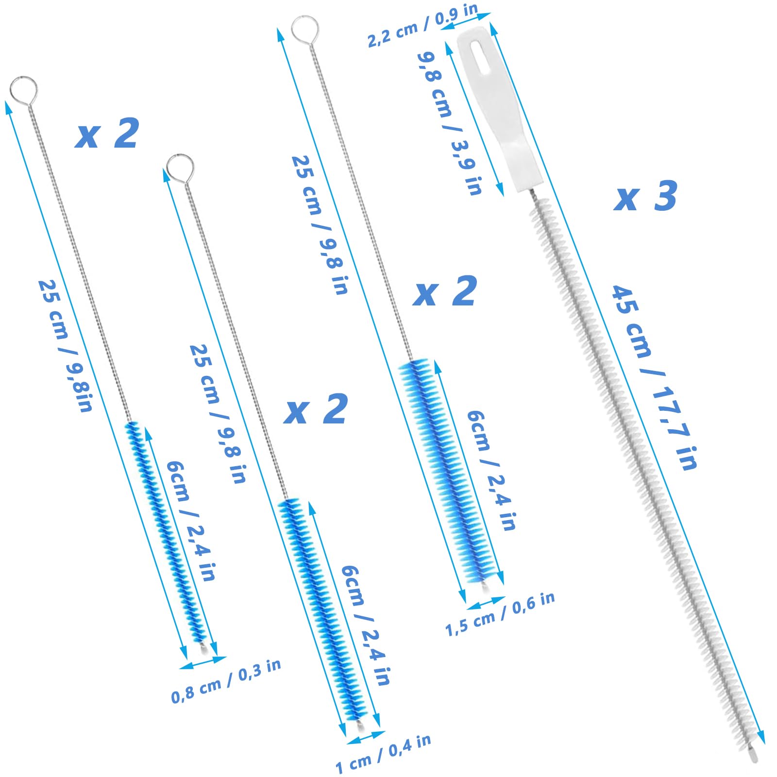 Spazzola per Pulizia Tubature Set 9 Pezzi con 3 Detergenti 45 cm e 6 Spazzole Flessibili