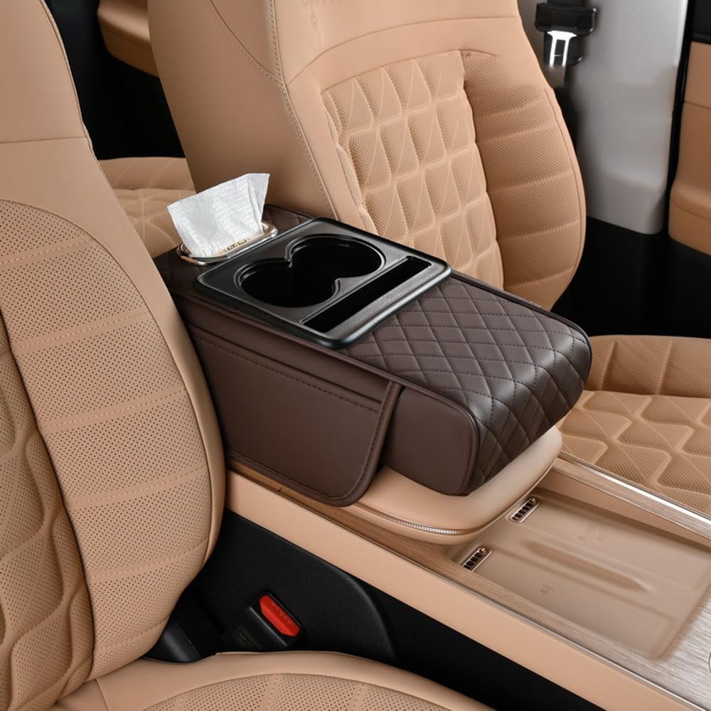 HAVERN Multifunctional Car Armrest Storage Box for Benz CLK W208/C208 W209/C209, Pu Leather Heightening Cushion With Cup Holder And Tissue Box,Brown/B