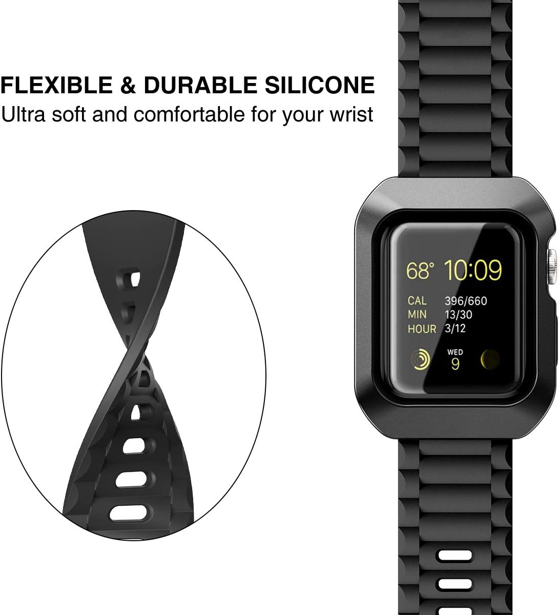 Dexnor Case for Apple Watch 40mm Series 6/SE/5/4, [Built in Adjustable Band] Rugged Military Grade Protection Soft Silicone Hard Cover with Band for iWatch Series 6/SE/5/4 [40mm] Black