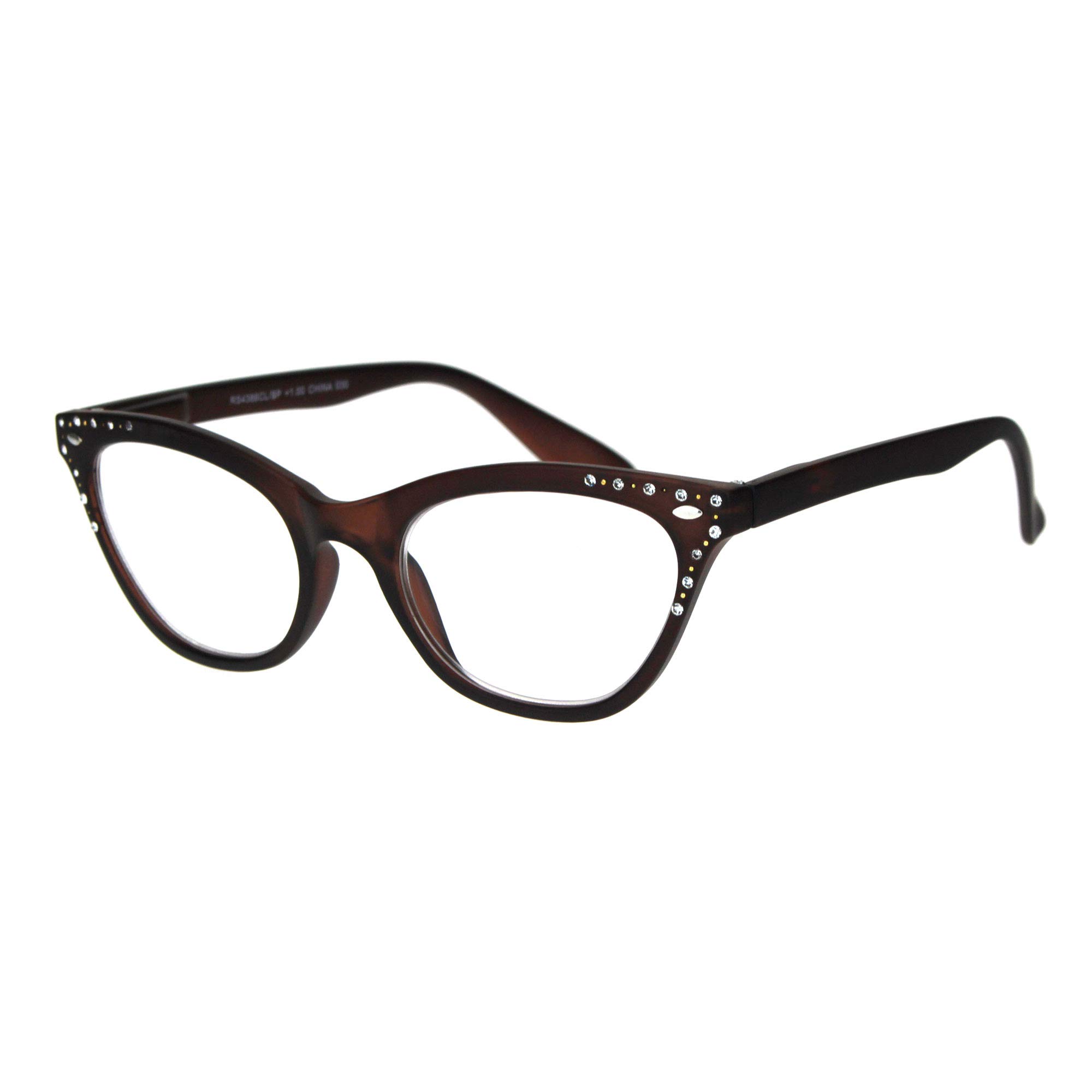 SA106 Womens Bling Rhinestone Plastic Cat Eye Horn Rim Powered Reading Glasses Brown 2.5