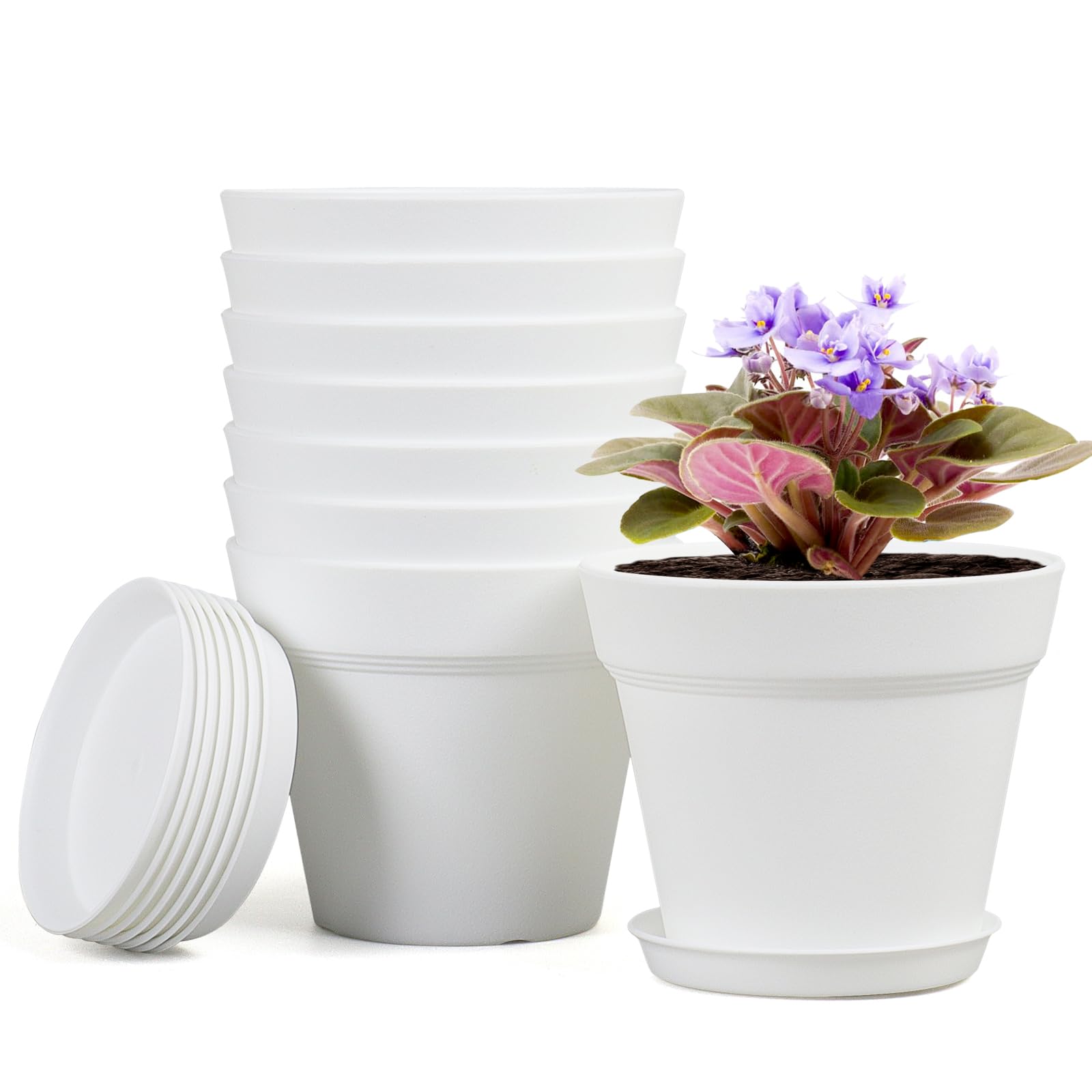 Solvant 6 Vasi per Piante da Esterno, Vaso Con Fori di Scarico e Vassoio,Adatti A Ufficio E All'Aperto, Balcone, Vasi Per Piante In Coltivazione, Erbe, Orchidee (Bianco, 16 cm