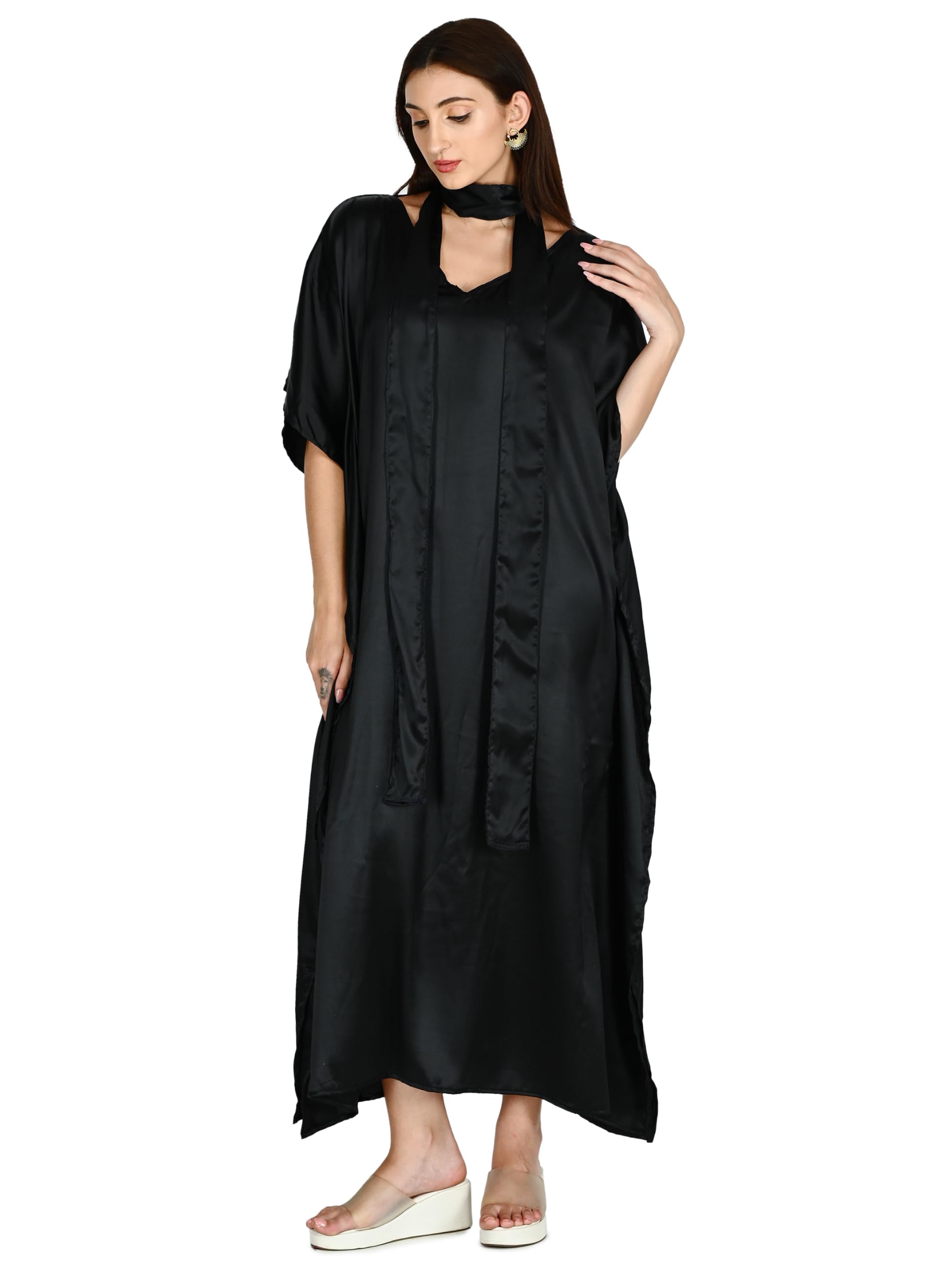 Stylish Jet Black Soft Satin Kaftan-image-21