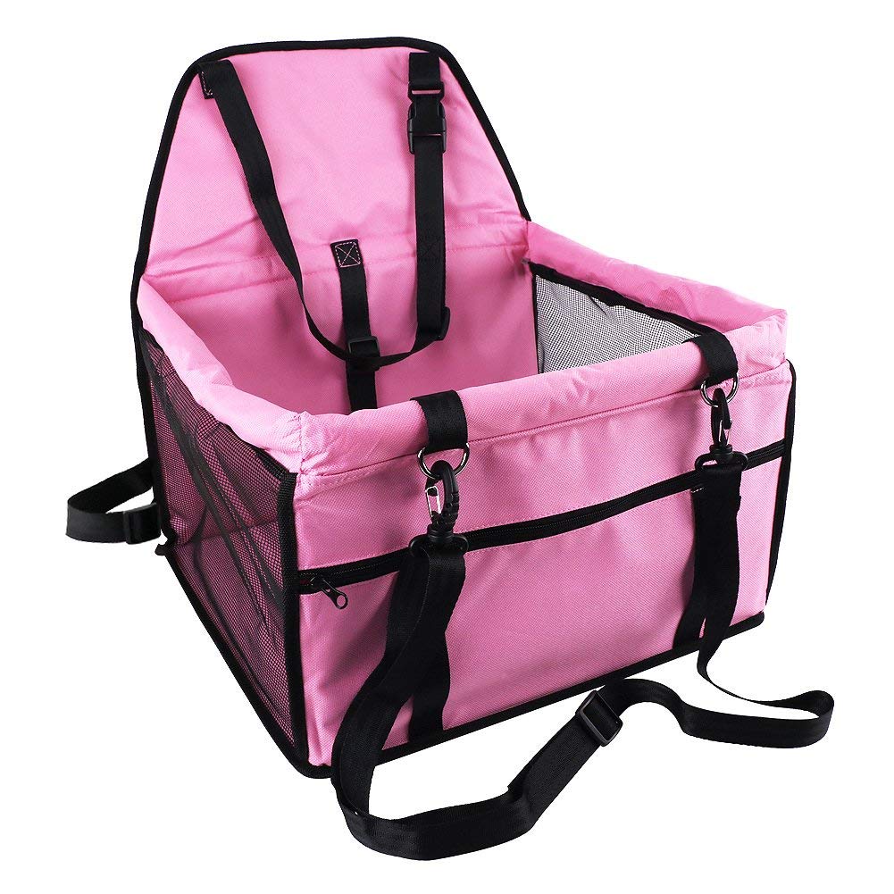 Caidi - Asiento auxiliar de coche para perro, funda de asiento impermeable transpirable con correa de seguridad, pequeña bolsa de transporte de coche de viaje de cachorro de perro rosa