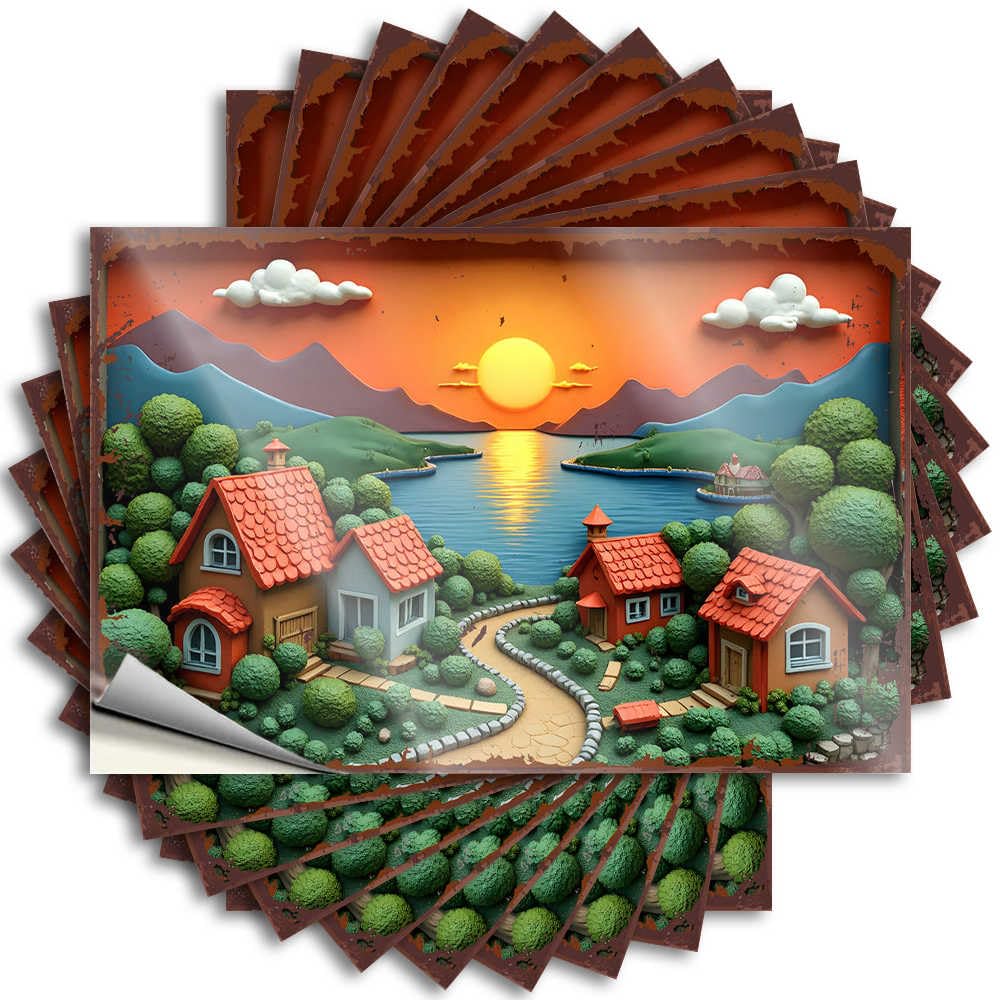 Farm, Quote Texas Wall Sunset Serenity: A Village By The Lake | Tiny Waterproof Vinyl Stickers(8X12CM)