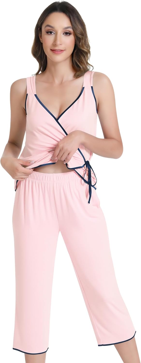 NACHILA Pajamas for Women-Viscose Made from Bamboo, Sleeveless Pjs Tank Top Capri Pants Pajama Sets Cooling Sleepwear - Image 3