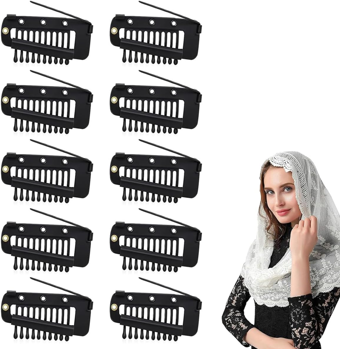 MAYCREATE® 10Pcs Chunni Clips with Safety Pins, Snap-on Dupatta Pin Hijab Pins Stainless Steel Wig Clips for Headscarf or Hair Extensions - Black