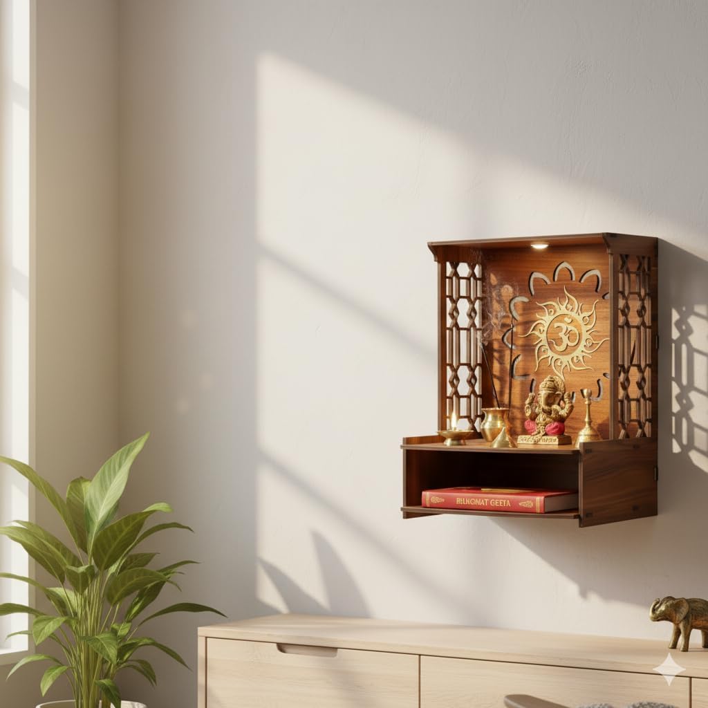 Wooden Wall Mounted Pooja Mandir for Home with Built-in LED Spotlight | Compact Spiritual Prayer Shelf & Altar for Idols (14.8 x 11.4 x 9.8 Inch)