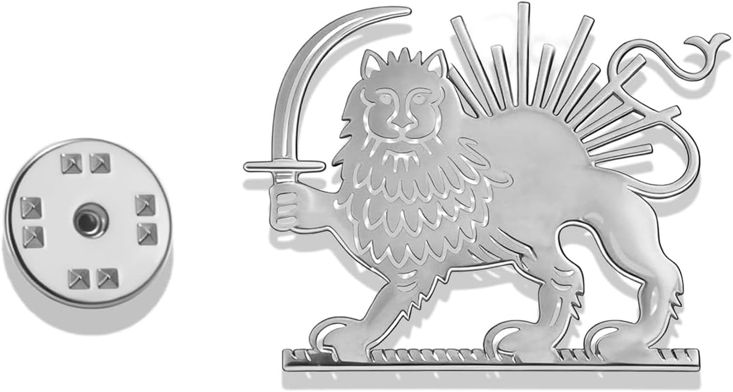 Faozhuo Stainless Steel Lion and Sun Lapel Pin Ancient Persian Brooch Shir Khorshid Iranian Jewelry for Suit Jacket, Silver
