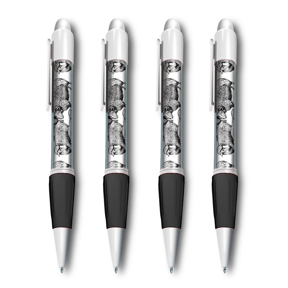 Set of 4 White Ballpoint Pens (Photo Insert) - Sheep Pattern Farm Farmer - Soft Feel Finger Grip #170869, 1 count (Pack of 4)