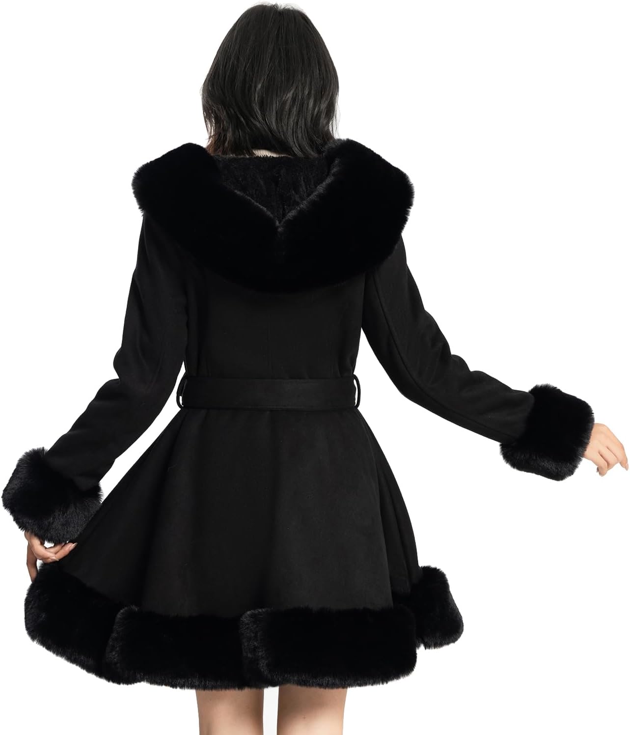 NXBC Winter Faux Fur Coats for Women,Faux Fur Leather Jacket Women,Winter Long Sleeve Furry Trim Peplum Parka Coat with Belt - Image 2