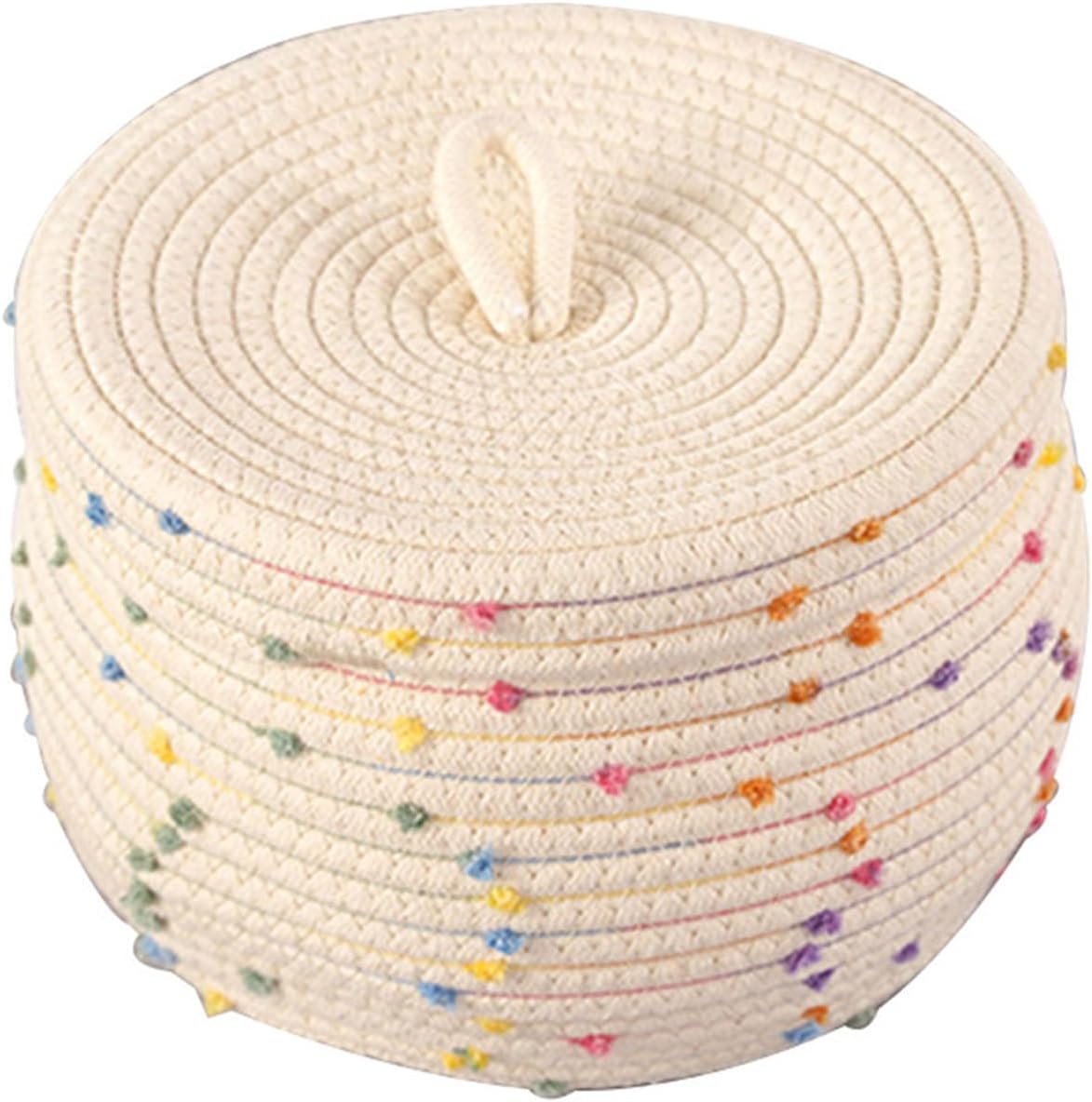 Cotton Rope Basket, Small Rainbow Basket Mini Woven Basket Small Round Basket Woven Storage Basket with Lid for Organizing