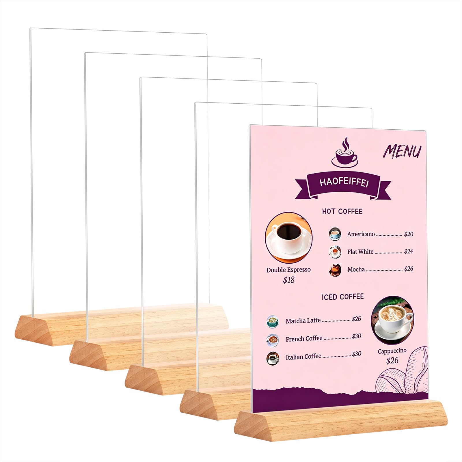 Lot de 5 Présentoir Acrylique A4 avec Socle en Bois, Porte-Menu A4 Double Face, Support Menu de Table T-Forme pour Restaurant Café Hôtel Bar, Insertion Facile Format Portrait