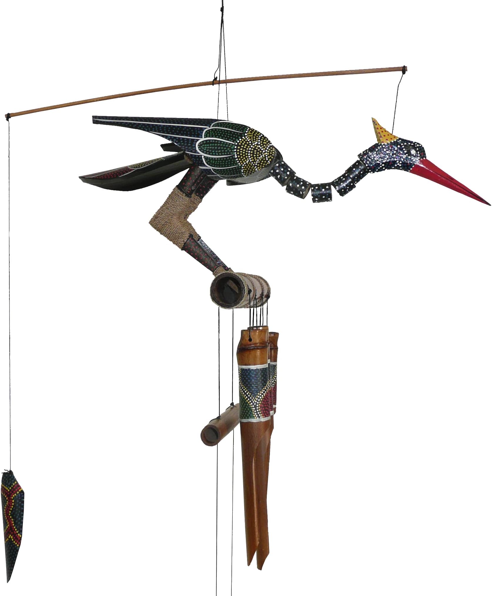 Cohasset Gift & Garden Abby Bobbing Head Bird Bamboo Wind Chime - Unique Outdoor Bird and Rooster Decor, Medium to Large Sized for Outside Spaces, Hand Painted Spotted Design - Rustic Wind Chimes with