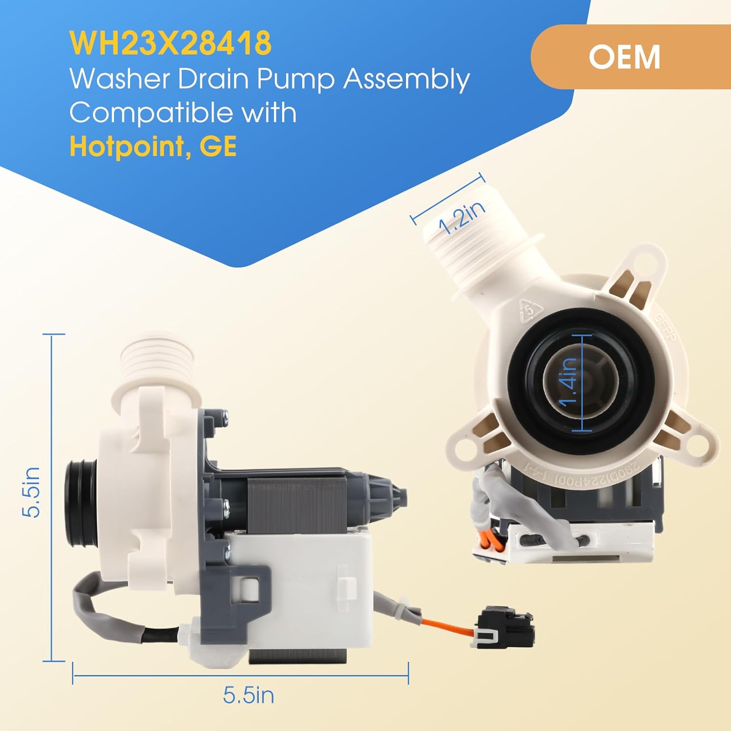 OEM 290D1201G003 WH23X28418 Washer Drain Pump Assembly Compatible with GE Hotpoint, Replaces WH23X24178 WH23X27574 4958182 AP6889136 PS12723115 EAP12723115 290D1201G001 B40-3A01 B30-3A02