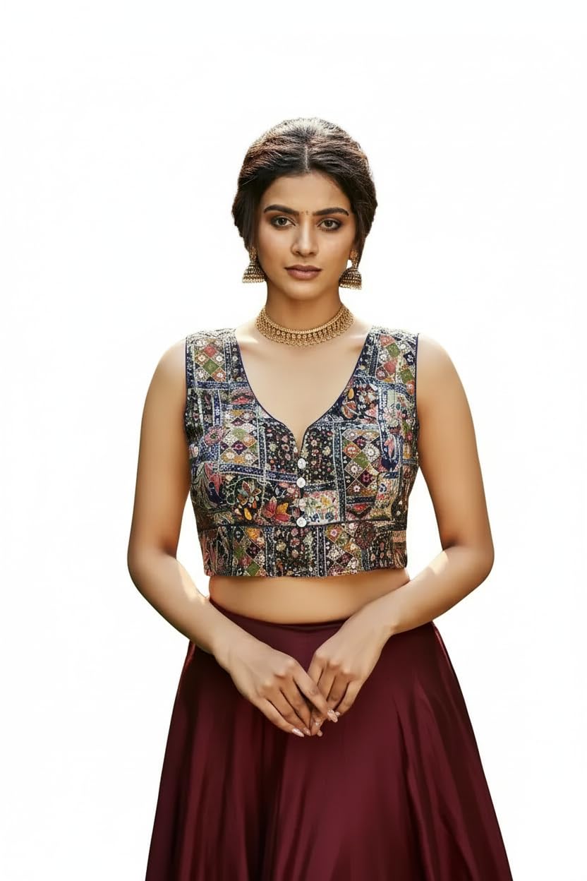 London PRIM Women's Designer Ethnic Sleeveless Blouse, Floral Patchwork Pattern, Red Border Trim, Padded Design with Adjustable Dori-image-24