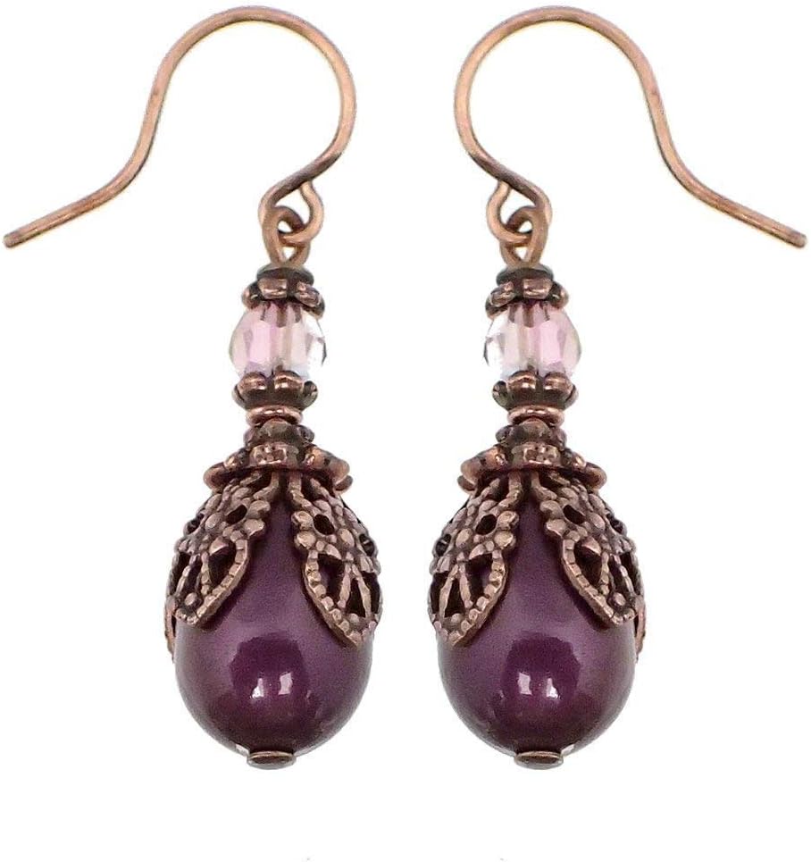 Plum Purple Tear Drop Earrings made with Crystals and Antiqued Copper Plated Brass