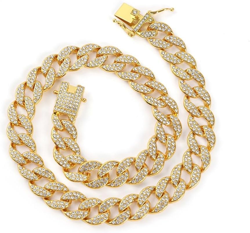 haoyueer Dog Chain Collar Diamond Cuban Link Dog Collar 13mm Wide Dog Necklace Metal Cat Chain Pet Crystal Collar Jewelry Accessories for Puppy Small Medium Large Dogs Cats (Gold 10 inch)