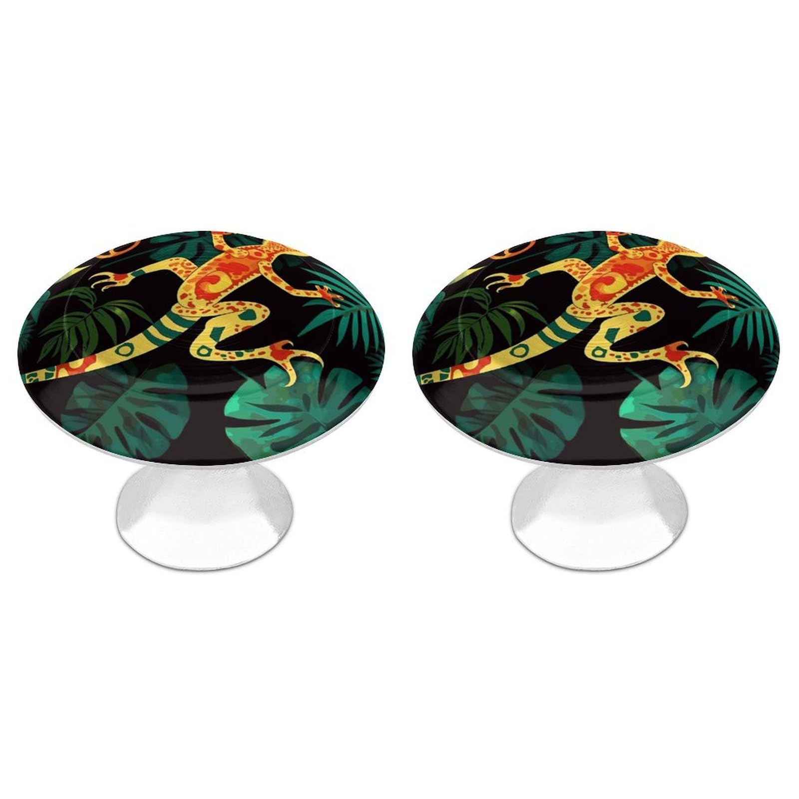 FekiLoot Gecko and Tropical Leaves Cabinet Knobs 2 Pack Stainless Steel Round Dresser Drawer Knobs Kitchen Drawer Hardware Dresser Knob Closet Door Pulls Cabinet Handles for Cupboard Drawer Pulls