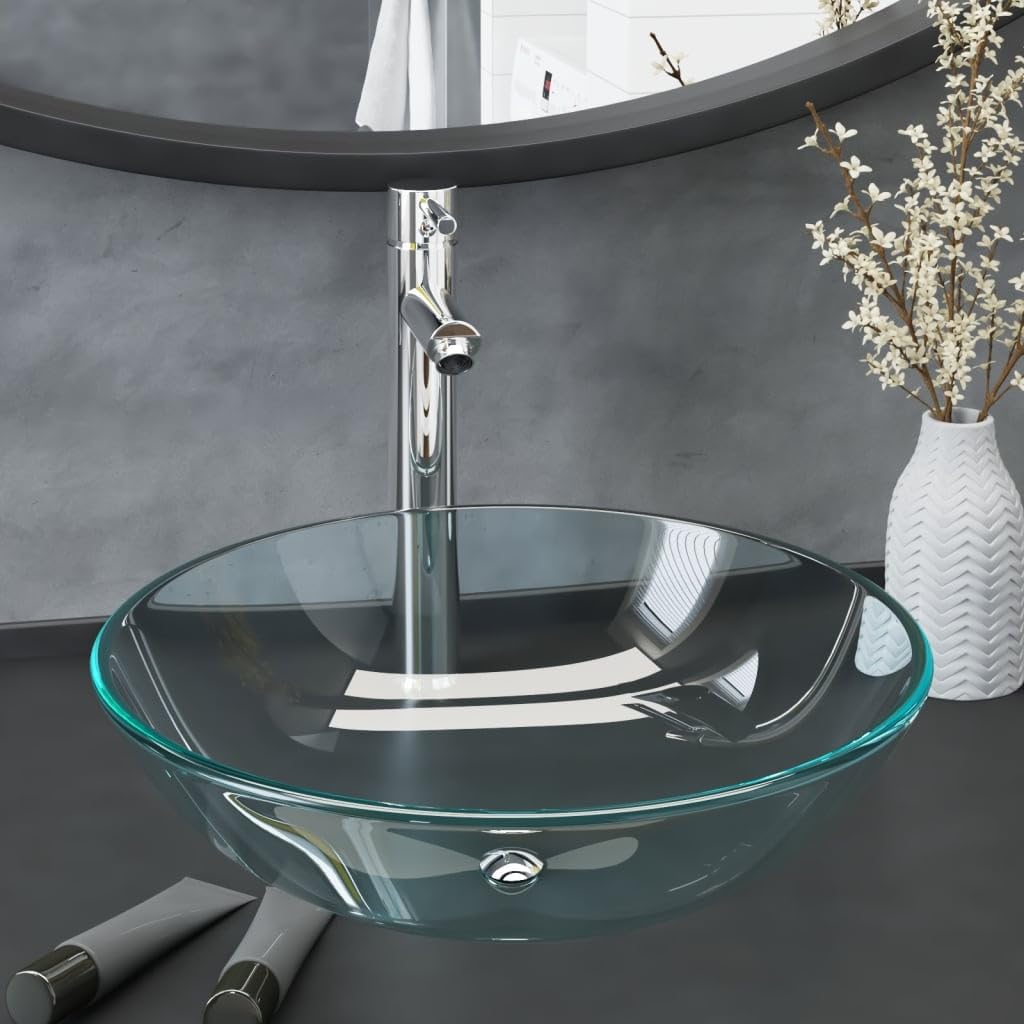 Rundes Waschbecken mit Armatur und Ablaufgarnitur aus gehärtetem Glas für Bad WC Gäste-WC modern Design platzsparend, 42 cm, inkl. Wasserhahn, Ablaufventil und Zubehör